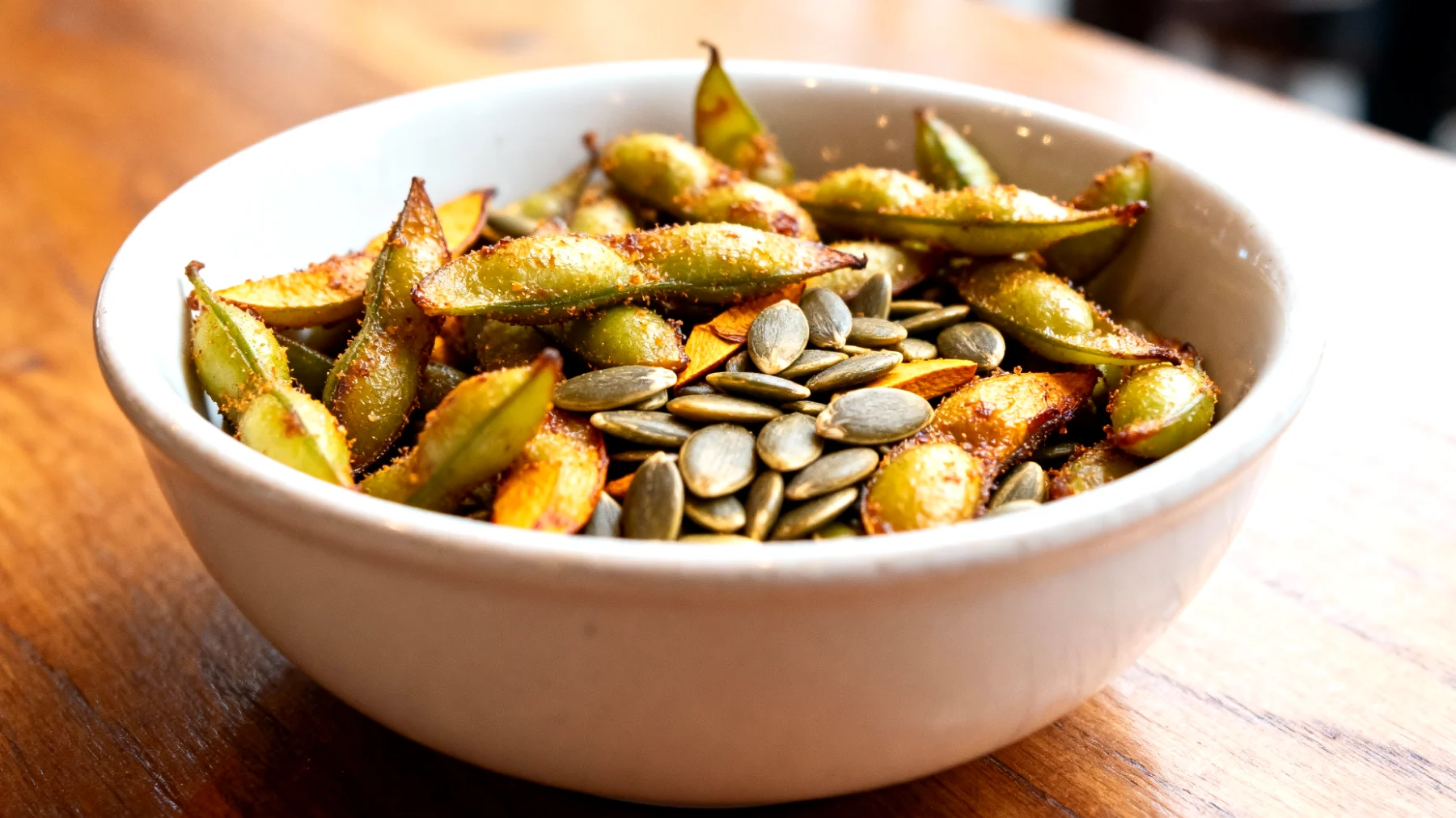 Edamame tostati con semi di zucca"
