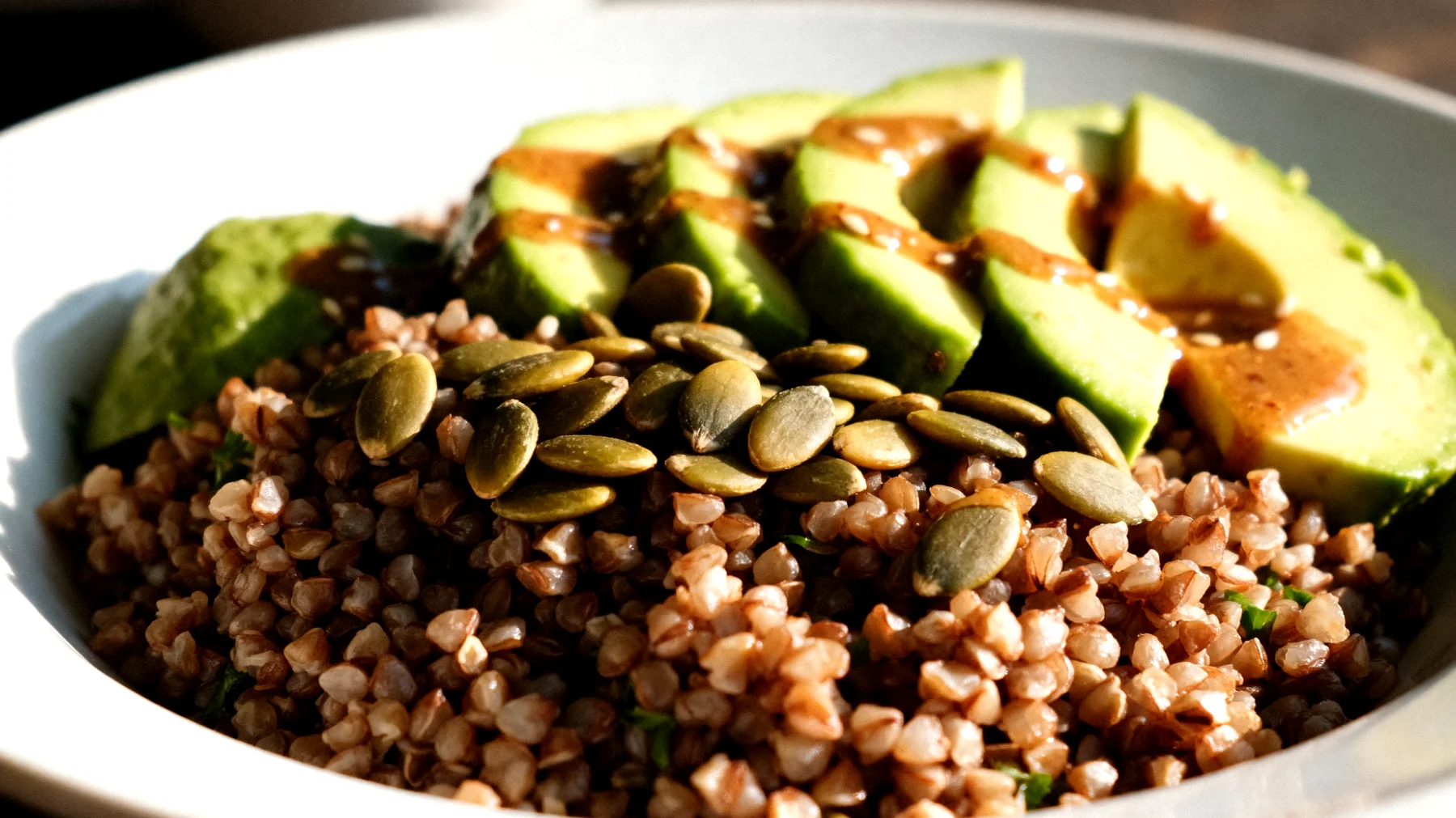 Insalata di grano saraceno con avocado, semi di zucca e miso"