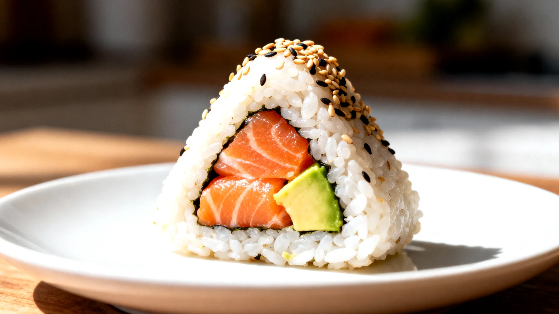 Onigiri con salmone, avocado e semi di sesamo"