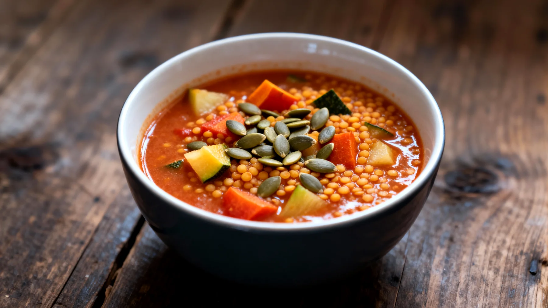 Zuppa di lenticchie rosse decorticate con verdure di stagione e semi di zucca"