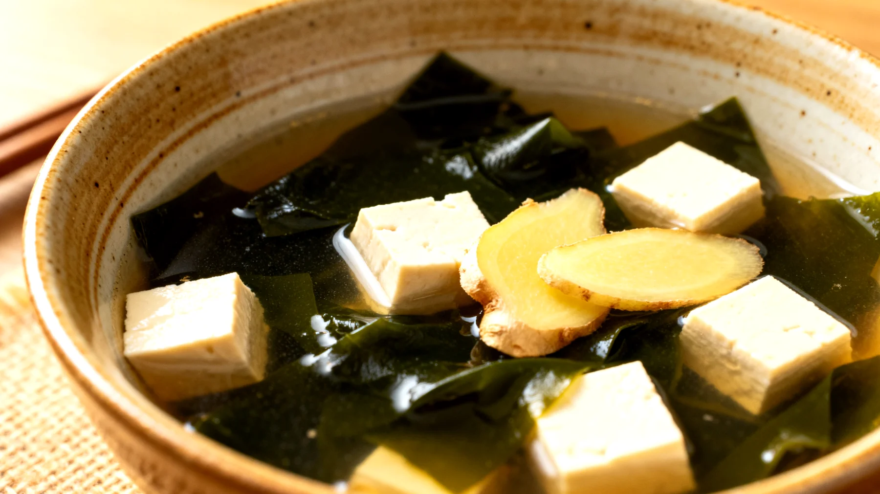 Zuppa di miso con alghe wakame, tofu e zenzero"