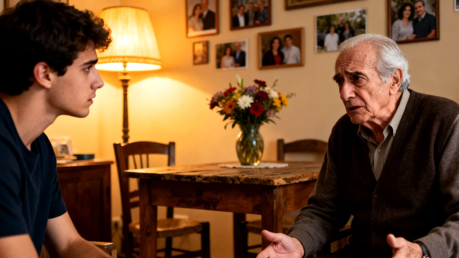 Nonno preoccupato per il futuro lavorativo incerto del nipote giovane adulto che fatica a trovare la propria strada professionale"