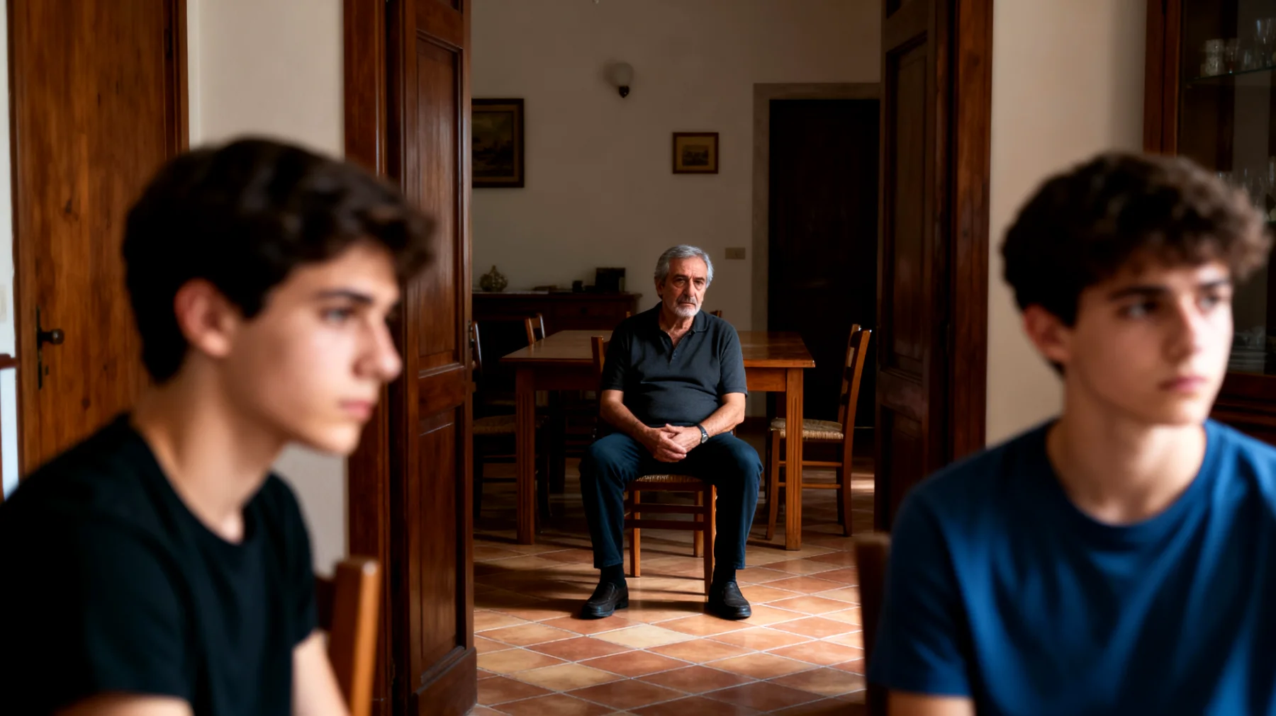 Un papà che fatica a esprimere affetto e creare dialogo emotivo con i suoi figli giovani adulti, mantenendo una comunicazione prevalentemente pratica e superficiale che impedisce la costruzione di un legame profondo e autentico"