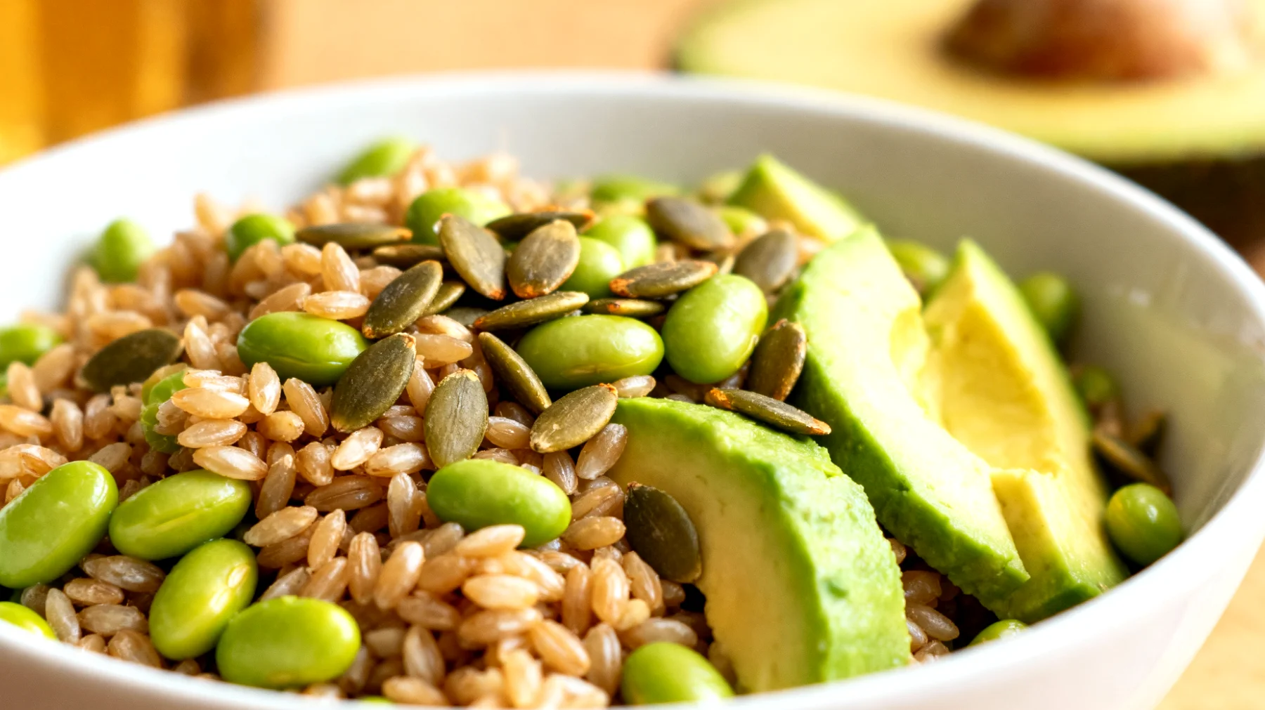 Insalata di farro con edamame, avocado e semi di zucca"