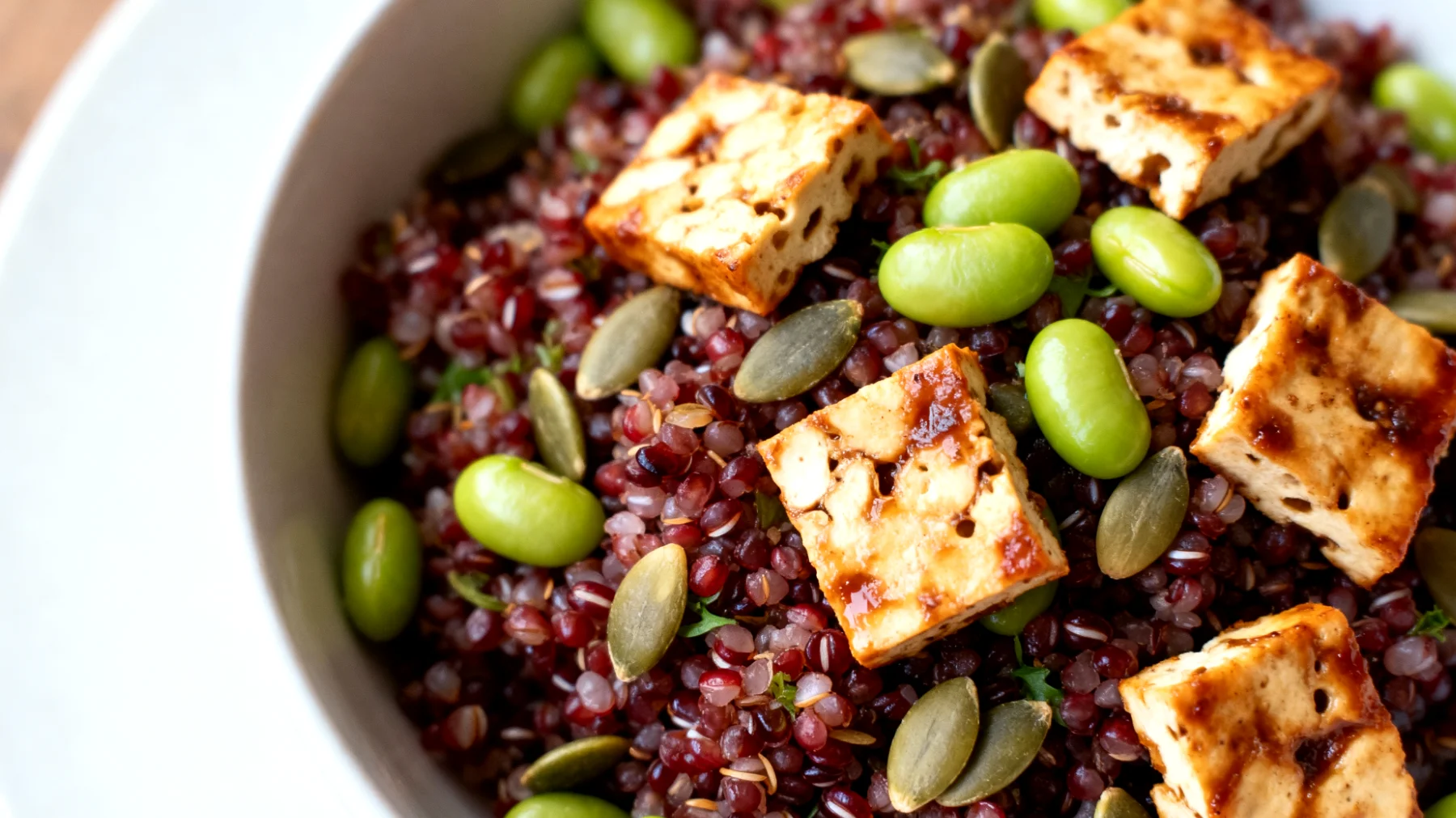 Insalata di quinoa rossa con edamame, semi di zucca e tempeh marinato"