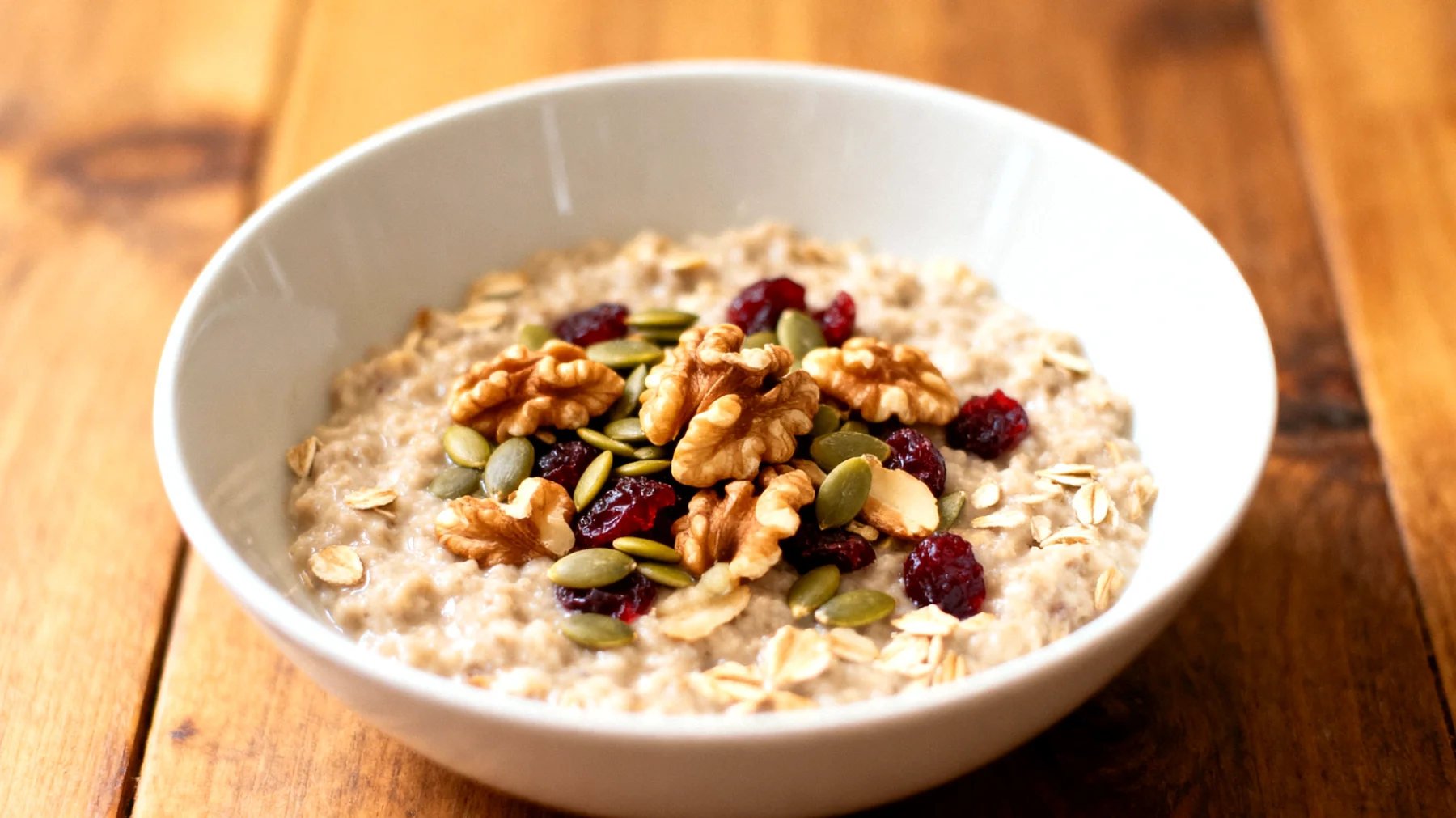 Porridge di avena con noci, semi di zucca e mirtilli secchi"
