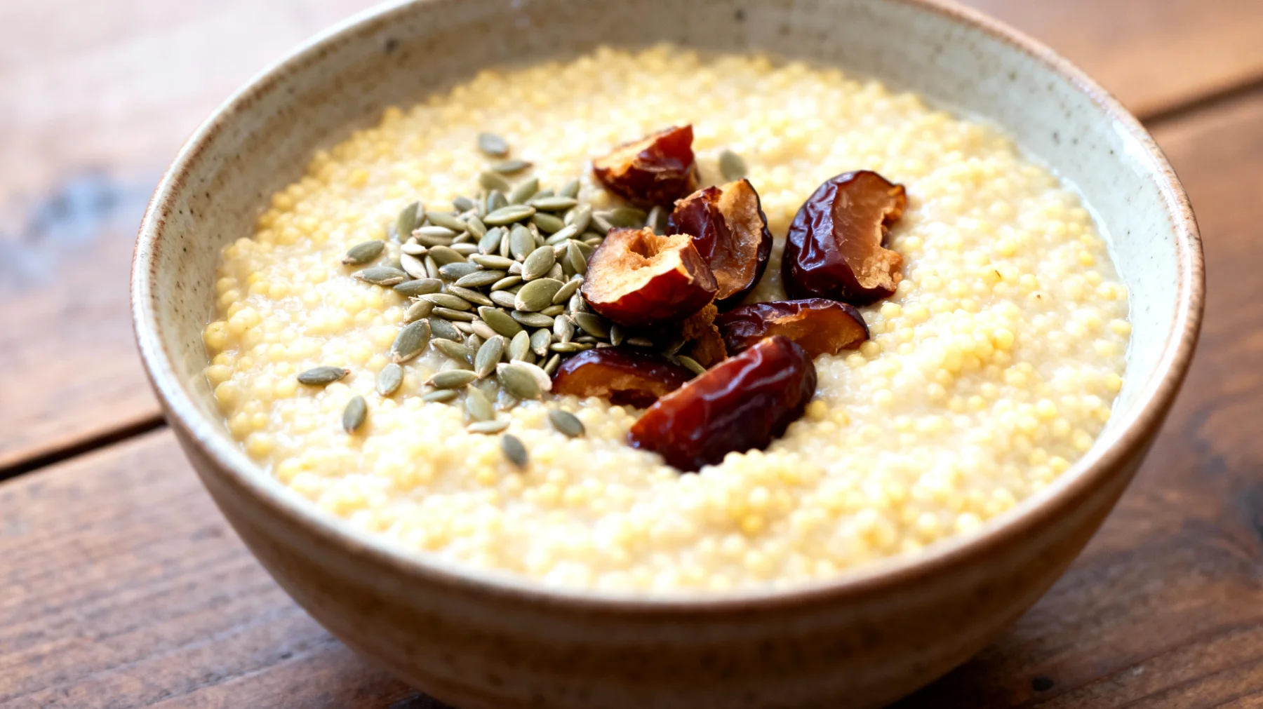 Porridge di miglio con semi di canapa e datteri"