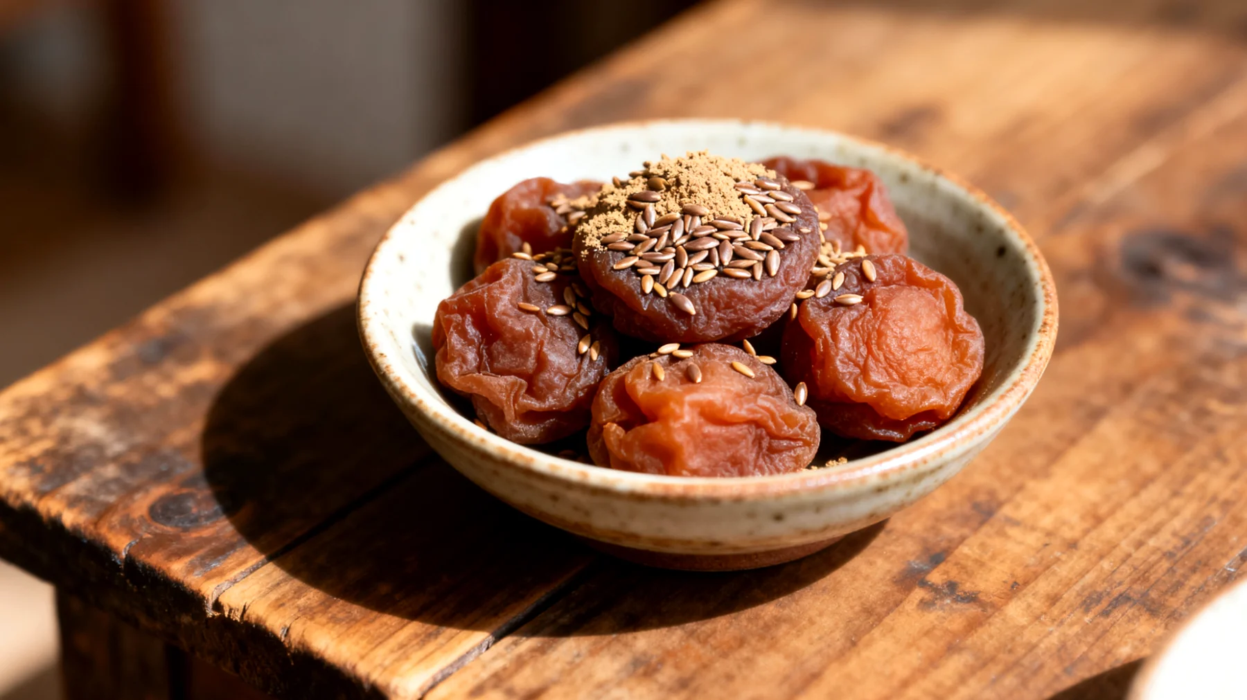 Prugne secche (umeboshi) con semi di lino macinati"