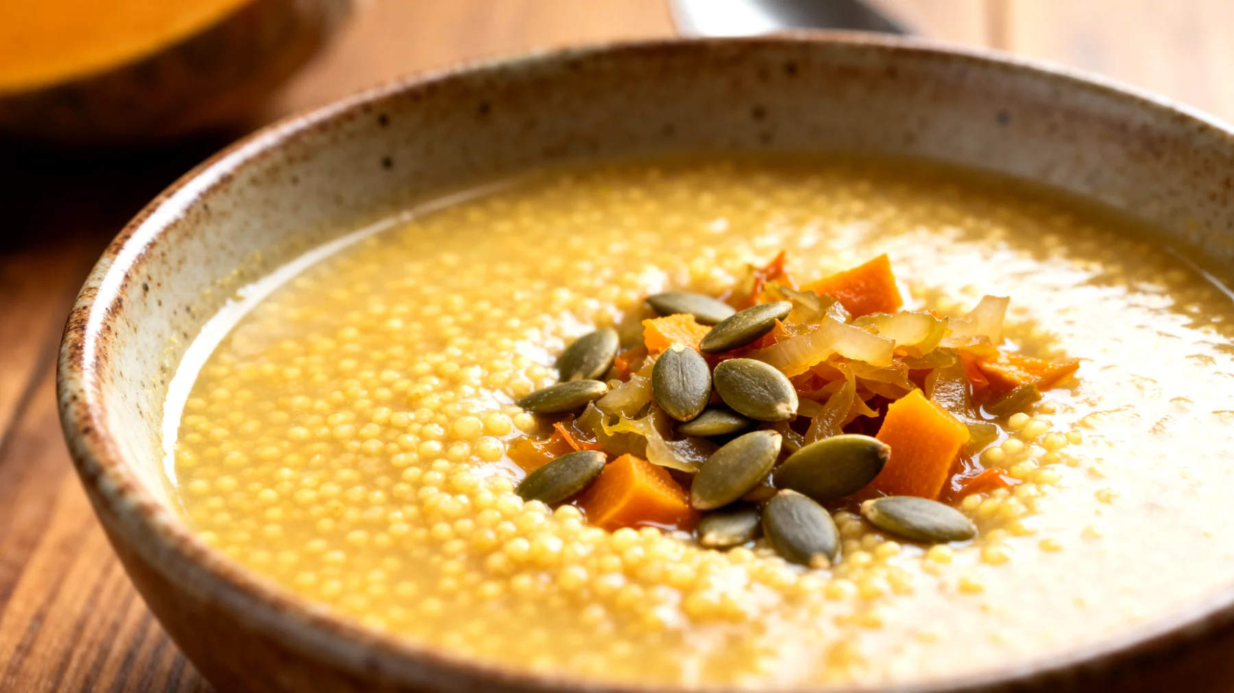 Zuppa di miglio con verdure fermentate e semi di zucca"