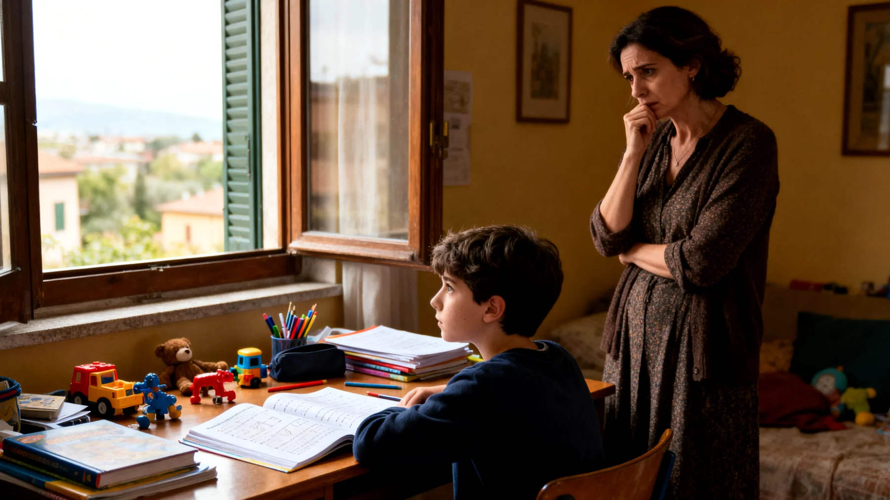 Mamma di bambini in età scolare che faticano a concentrarsi sui compiti, mostrano scarso interesse per lo studio e si distraggono facilmente, causando tensioni quotidiane e preoccupazione per il loro rendimento scolastico"