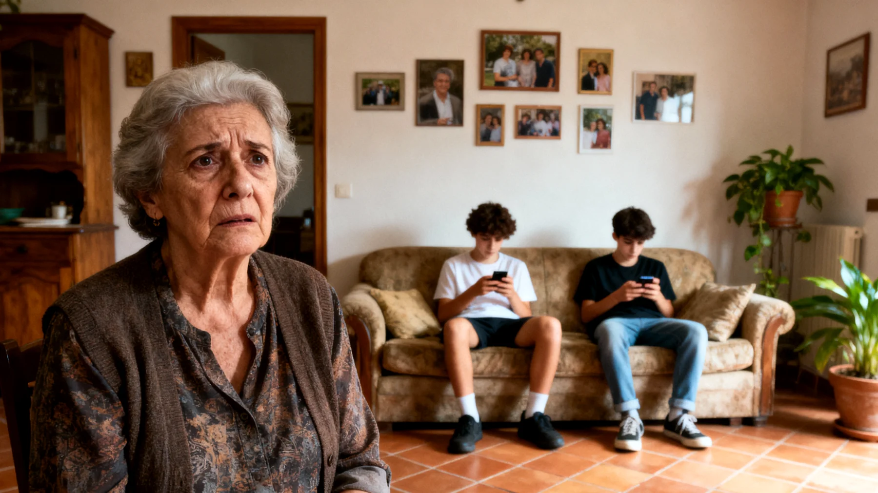 Nonna preoccupata per l'uso eccessivo dello smartphone e dei videogiochi da parte dei nipoti adolescenti, che sembrano disconnessi dalla realtà e poco interessati alle relazioni faccia a faccia durante le visite"