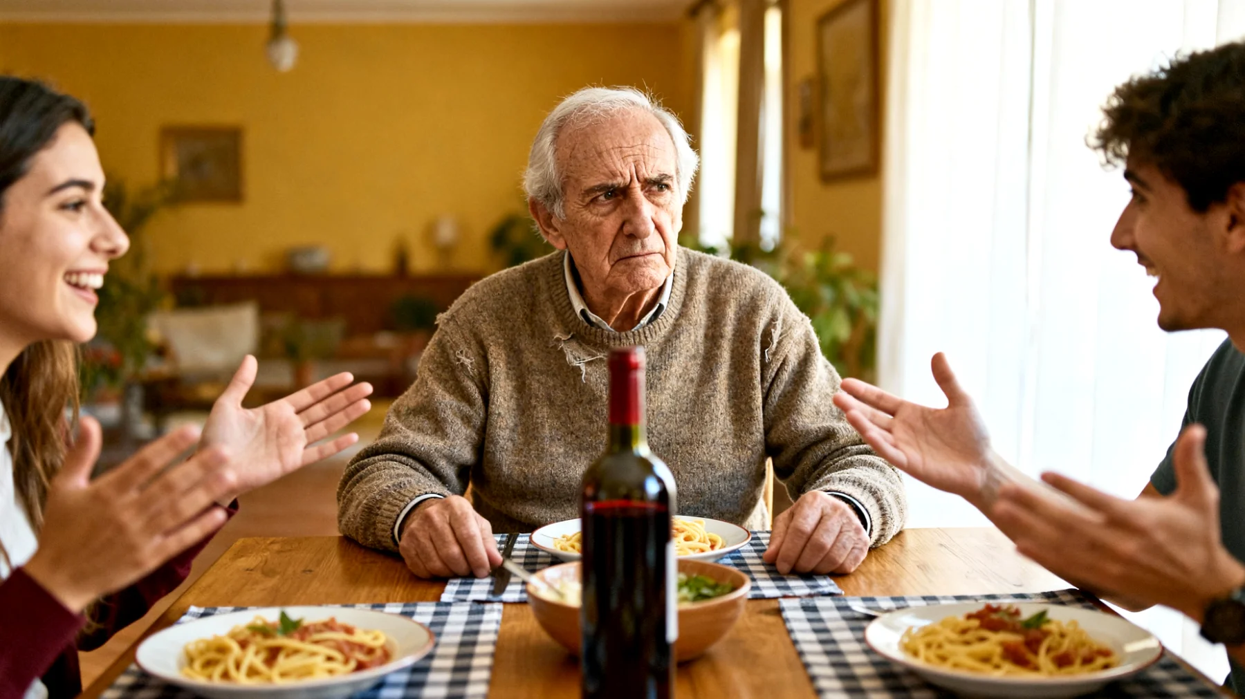 Il nonno fatica a comprendere e accettare le scelte di vita dei nipoti giovani adulti (carriera, relazioni, stile di vita) perché troppo diverse dai valori e dalle aspettative della sua generazione, creando tensioni e incomprensioni nel rapporto familiare"
