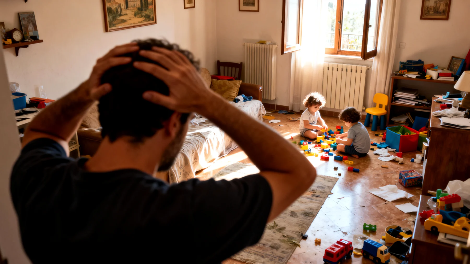 Papà frustrato perché i bambini non collaborano nelle attività quotidiane come riordinare i giocattoli, vestirsi da soli o apparecchiare la tavola, creando tensioni e ritardi nella routine familiare"